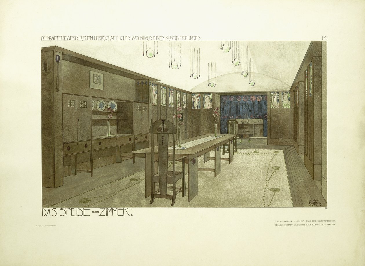 Matsal, ca 1901 (färglitografi) av Charles Rennie (after) Mackintosh