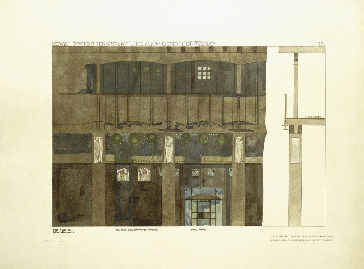 Entréhallen, ca 1901 (färglitografi) av Charles Rennie (after) Mackintosh