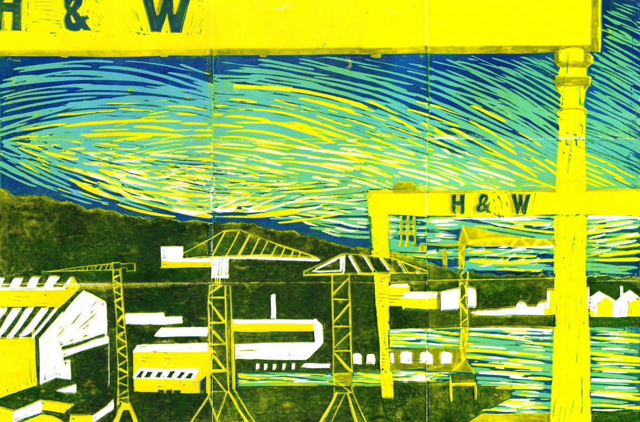 Harland & Wolff Cranes, Belfast, 2022 (linotryck) av Charlotte Orr