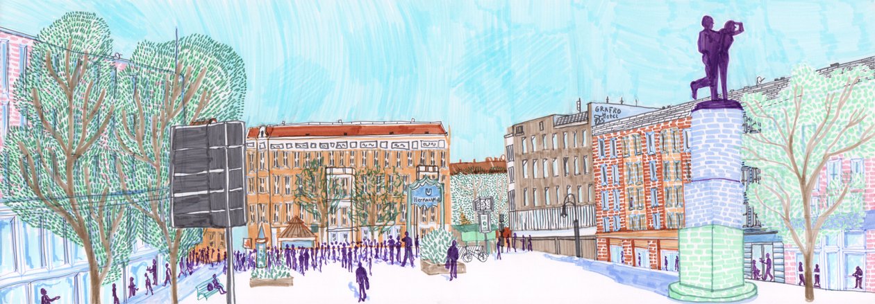 Hermannplatz, 2017 (penselpennor) av Charlotte Orr