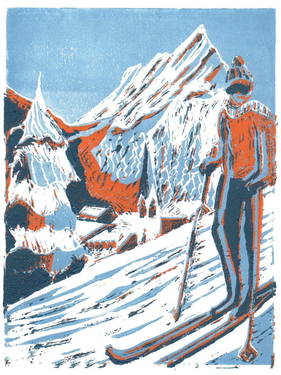 Skidor, 2015, linotryck av Charlotte Orr