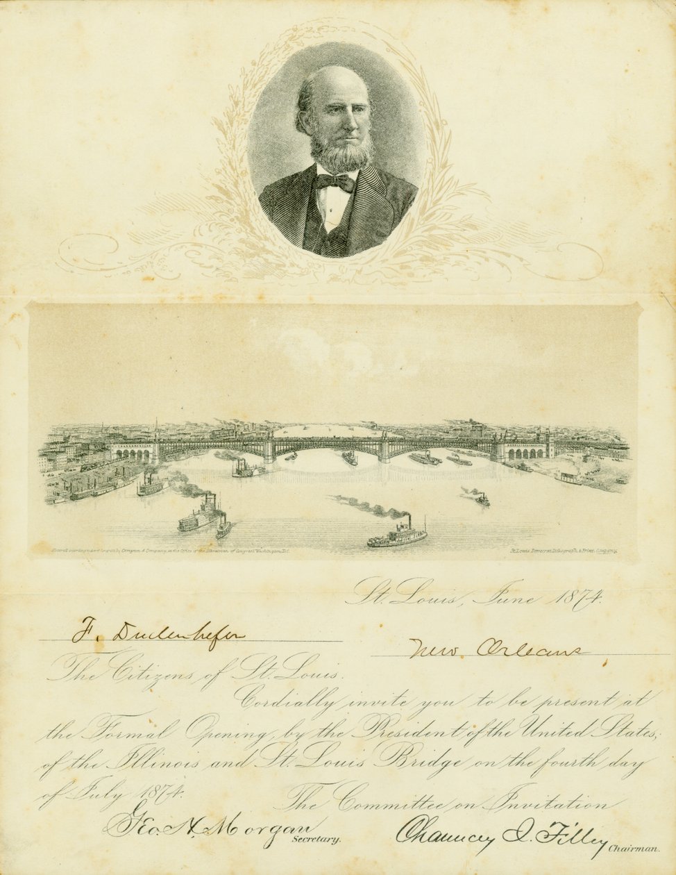 Invitation to attend formal opening of Eads Bridge on July 4, 1874 av Chauncey I. Filley
