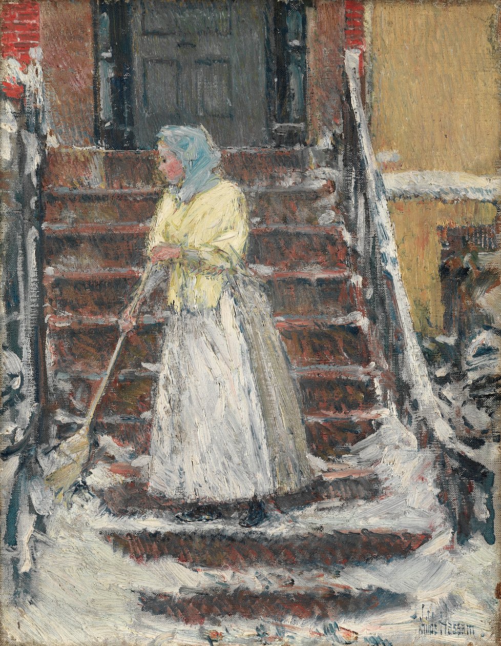 Sopning av snö av Childe Hassam