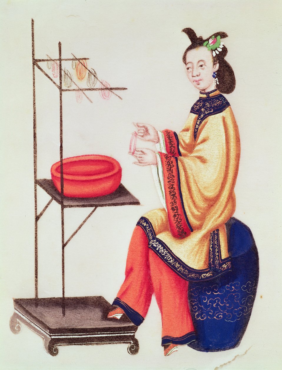 En kinesisk kvinna som gör en undertråd, Qianlong-perioden (1736-96) av Chinese School
