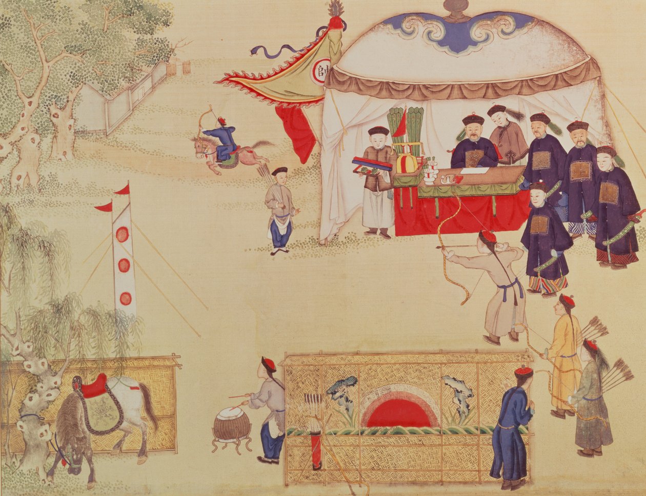 En bågskyttetävling, sent 1700-tal (färg på siden) av Chinese School