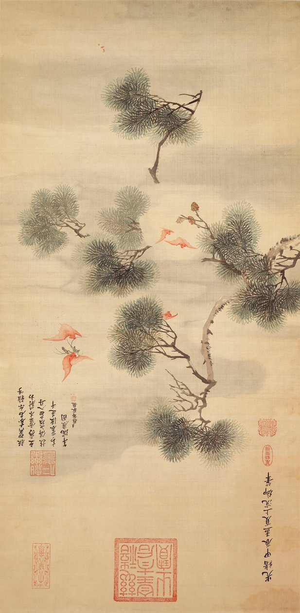 Fem fladdermöss mitt i en tallgren, 1844 av Chinese School