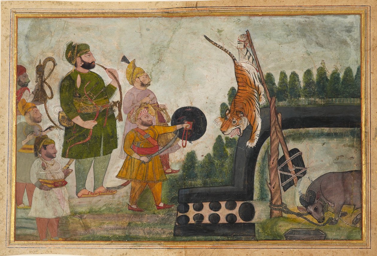 Rawat Gokul Das inspekterar en instängd tiger, 1810-1815 av Chokha