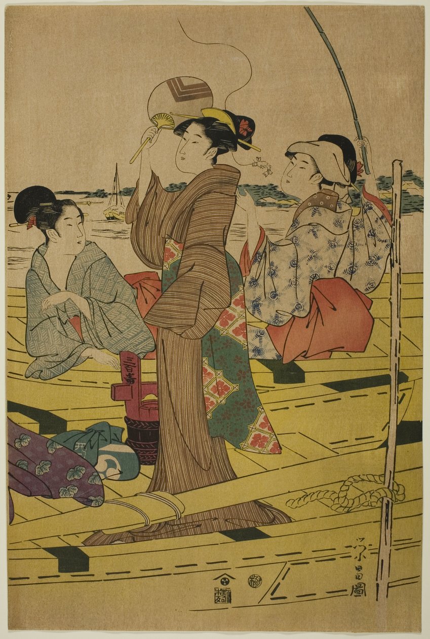 Kvinnor på en fiskebåt av Chokosai Eisho