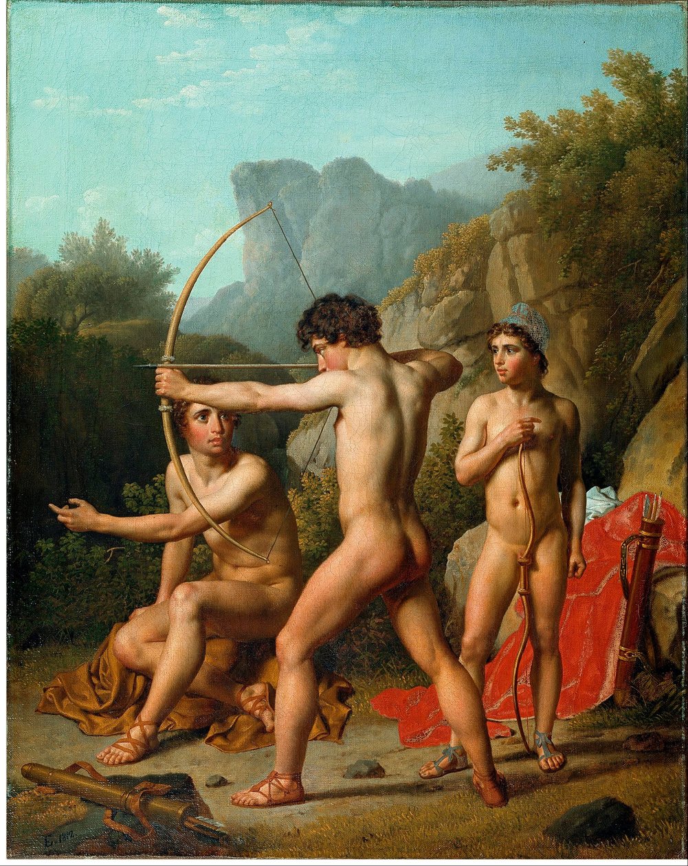 Tre spartanska pojkar tränar bågskytte av Christoffer Wilhelm Eckersberg
