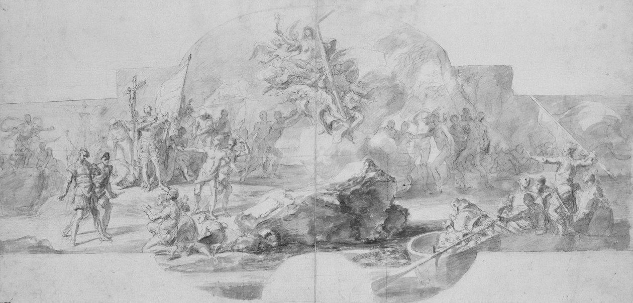 Columbus landstigning i Amerika, studie till en målning (förstörd 1777) för Sala del Minor ... av Christopher Columbus