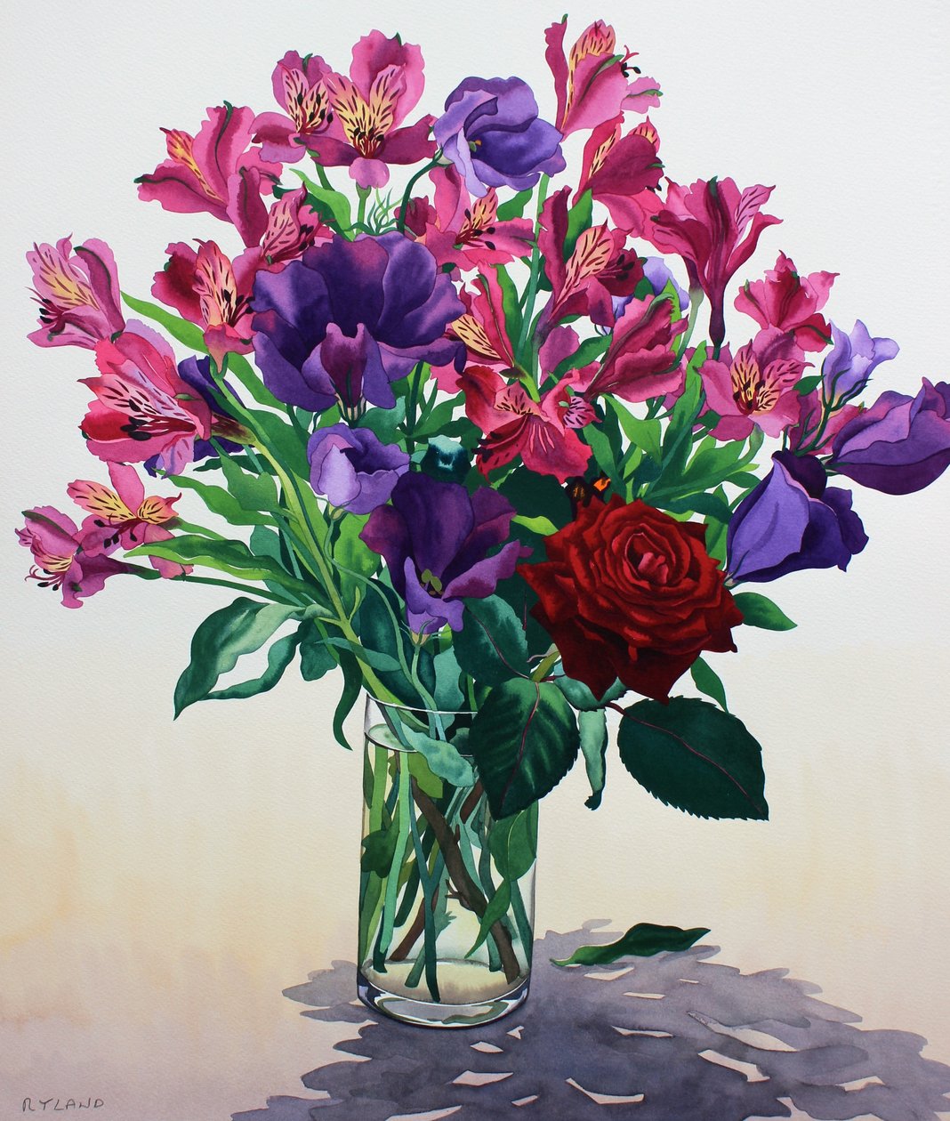 Blommor med röd ros (akvarell på papper) av Christopher Ryland
