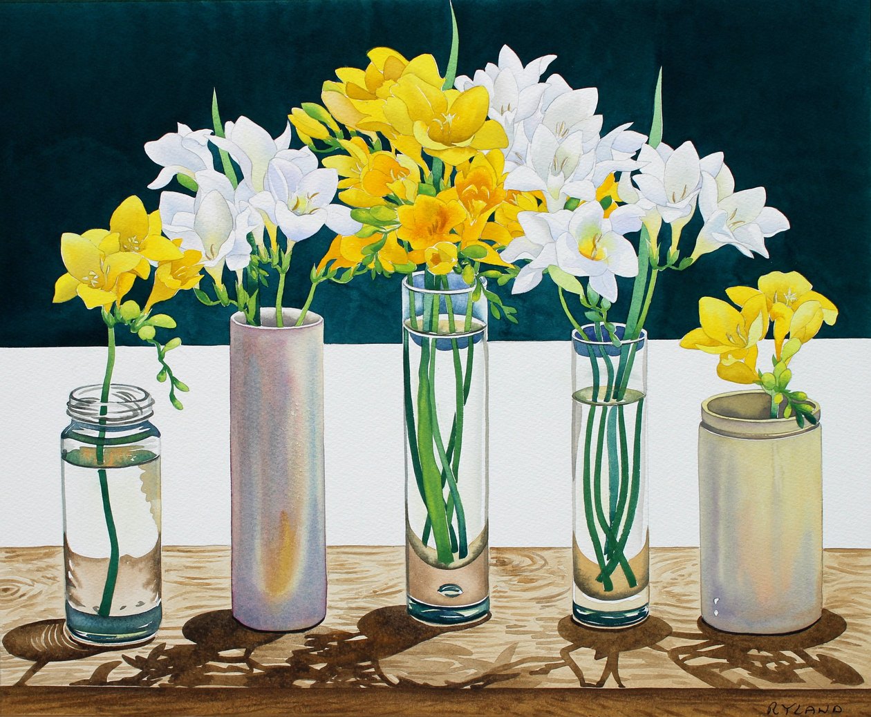 Still Life Freesias (akvarell på papper) av Christopher Ryland