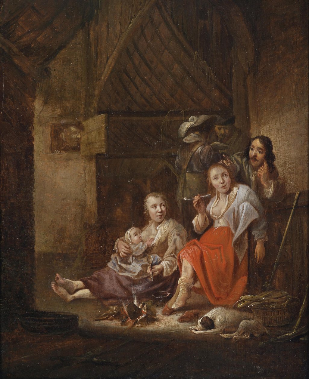 Bäuerliches Interieur mit Figuren an einer Feuerstelle av Circle of Anthonie Palamedes