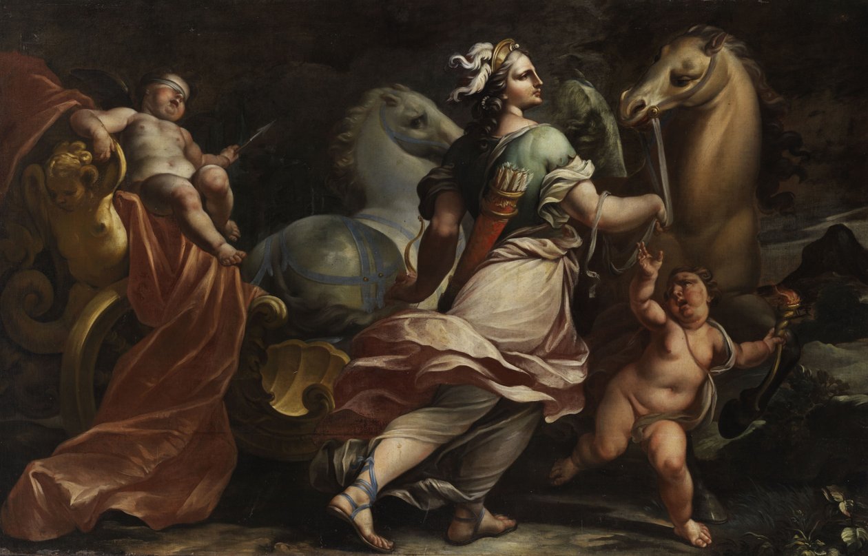 Bellona bemächtigts sich der Waffen Amors av Circle of Carlo Cignani