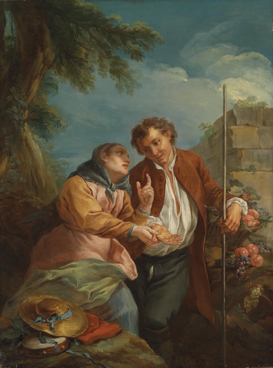 Eine Handleserin und ein junger Früchteverkäufer av Circle of Charles André van Loo