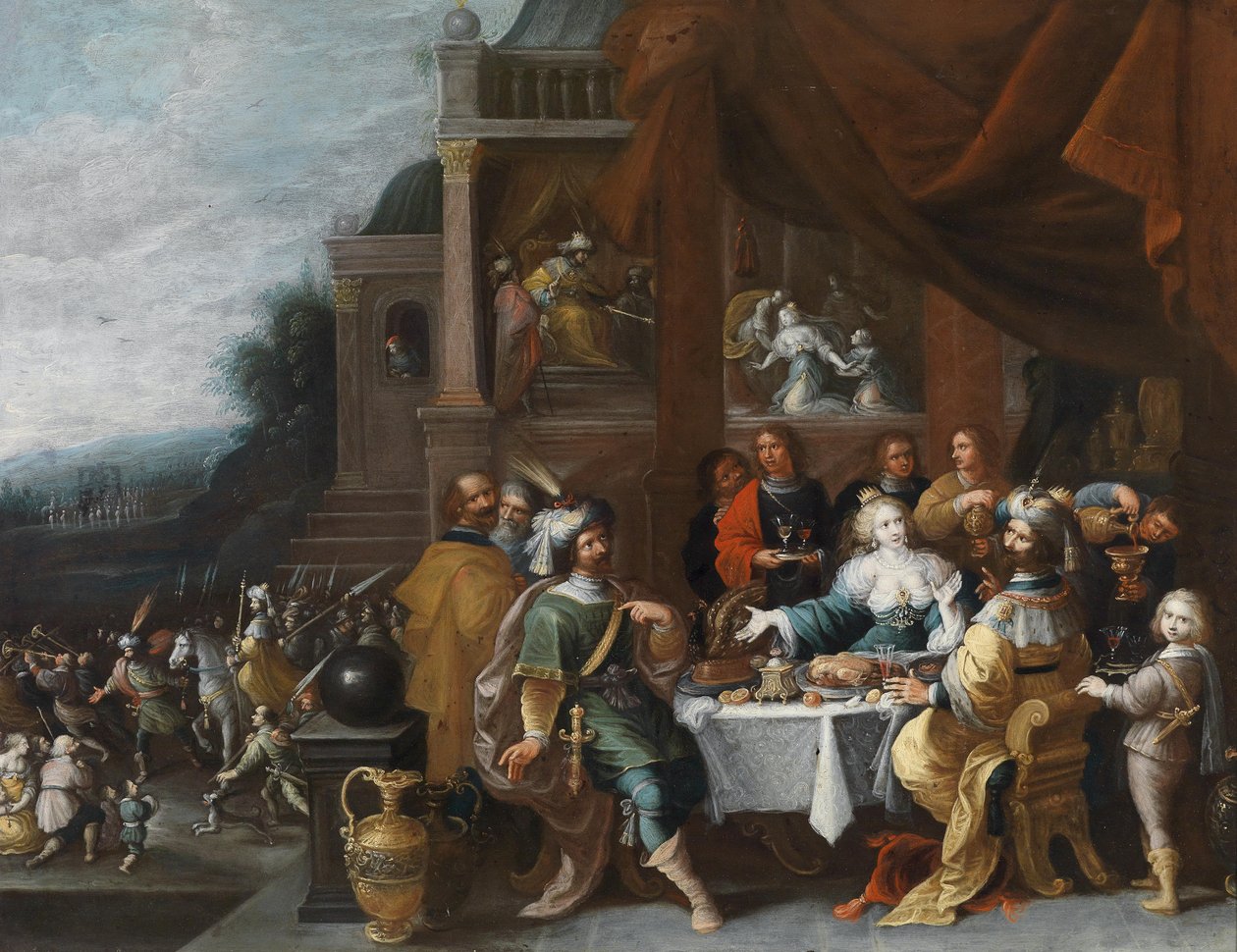 Ahasver und Haman beim Gastmahl der Esther av Circle of Frans Francken the Younger