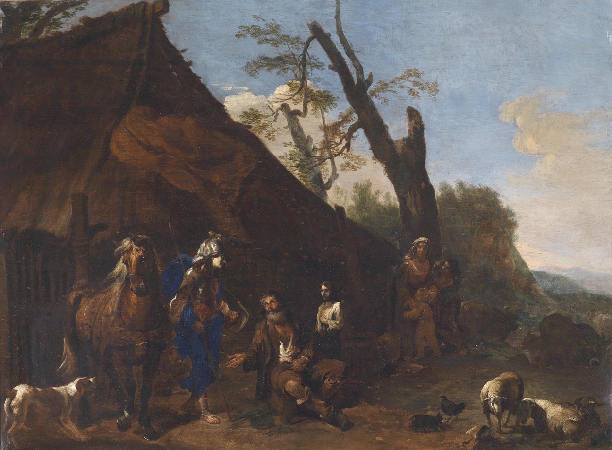 Die flüchtige Erminia bittet einen Landmann um Aufnahme av Circle of Jan Miel
