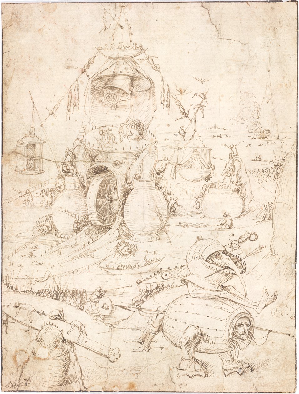 A hell scene with a fish-monster with a wheel in its mouth av Follower of Hieronymus Bosch