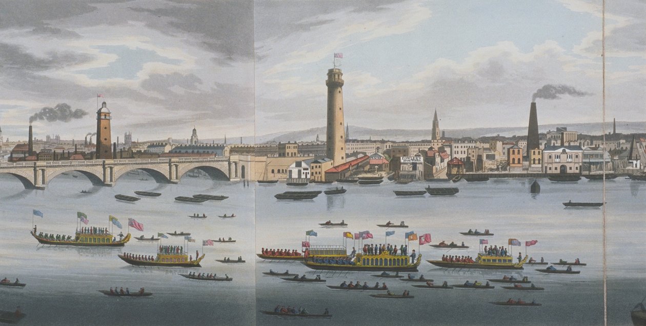 Panorama över Themsen, från Adelphi, ca 1829 (akvatint) av Clark