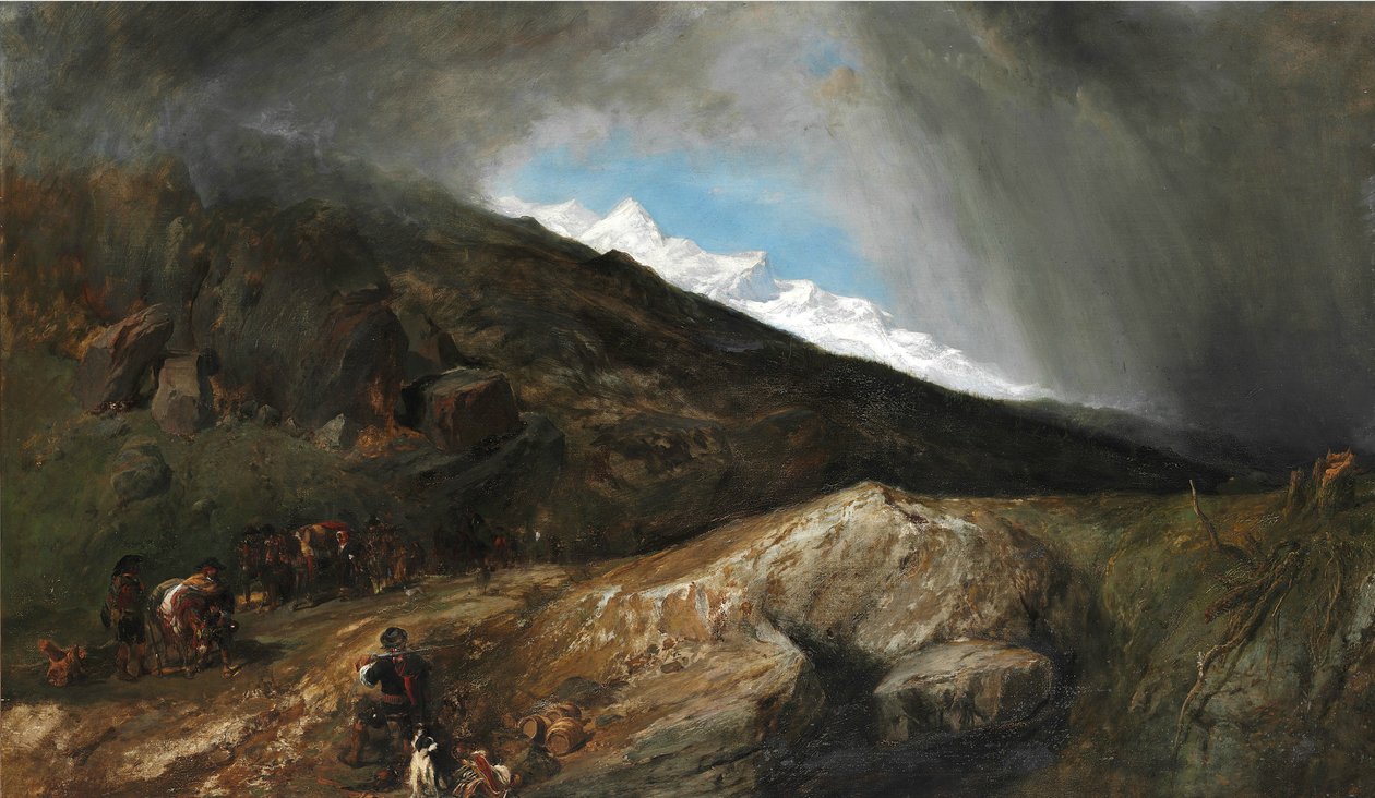 Bergslandskap med en jägare och vandrare av Clarkson Frederick Stanfield