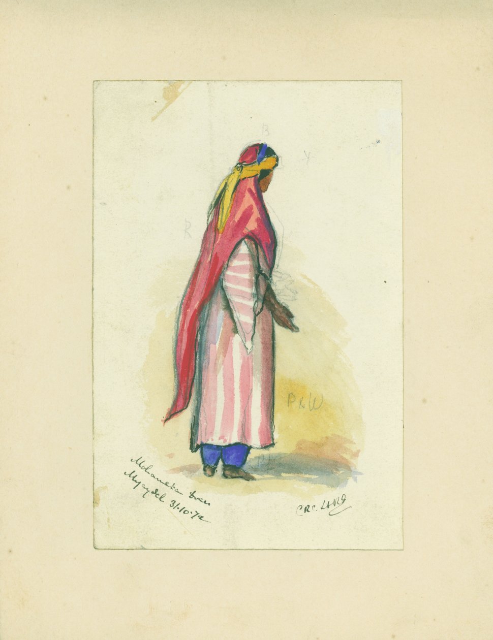 Mohametan Dress, Mujaydel, 1872 (wc och penna på papper) av Claude Conder