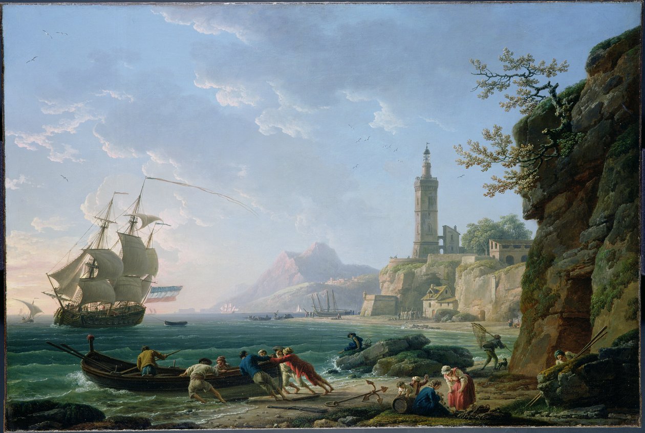 Claude-Joseph Vernet. Kustlandskap vid Medelhavet. Holländskt handelsfartyg i en vik. av Claude Joseph Vernet