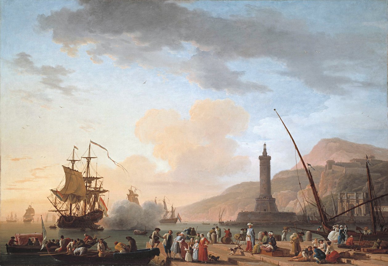 En hamn vid solnedgången Português av Claude Joseph Vernet