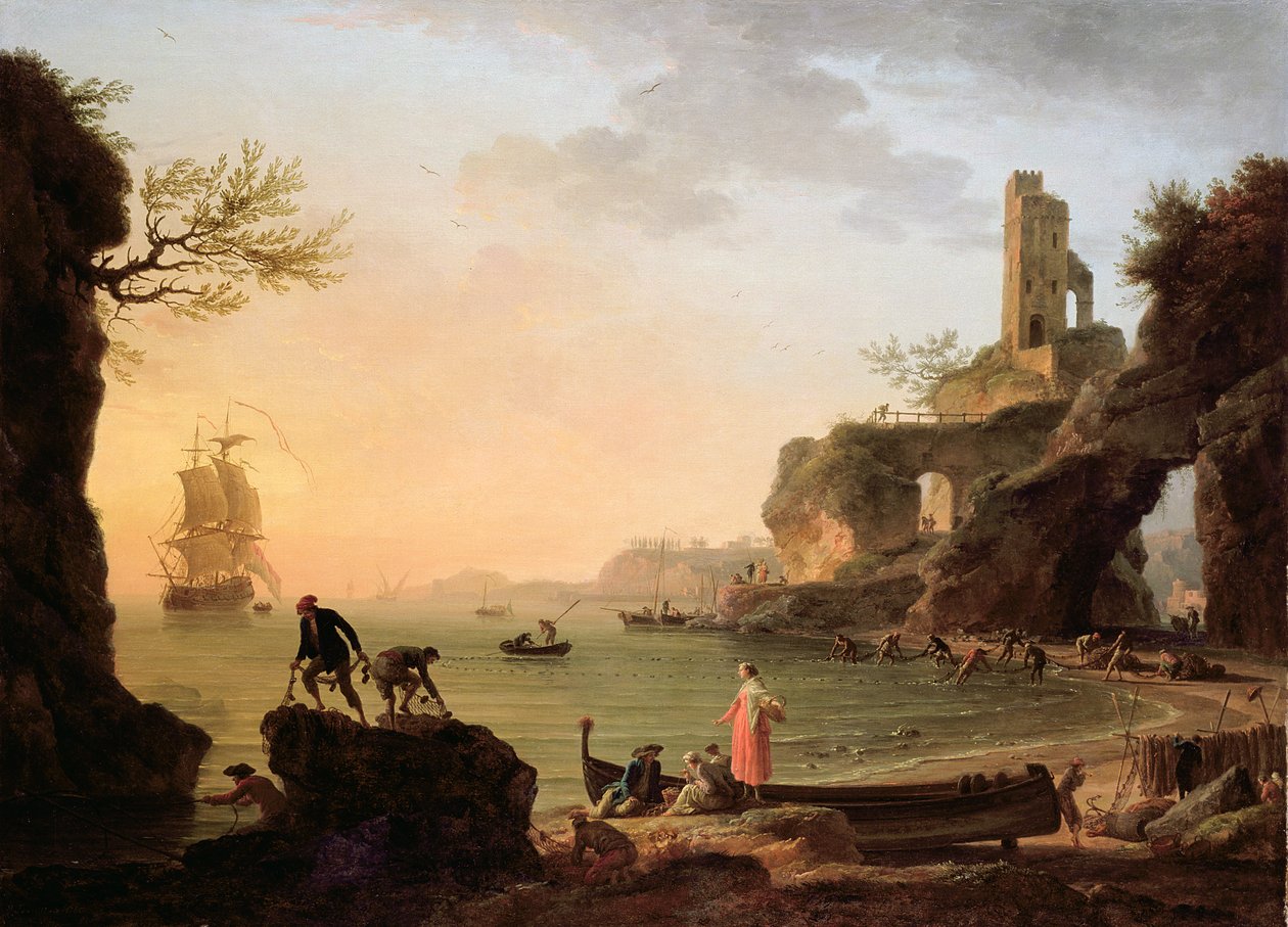 Solnedgång, fiskare som drar i sina nät, 1760 av Claude Joseph Vernet