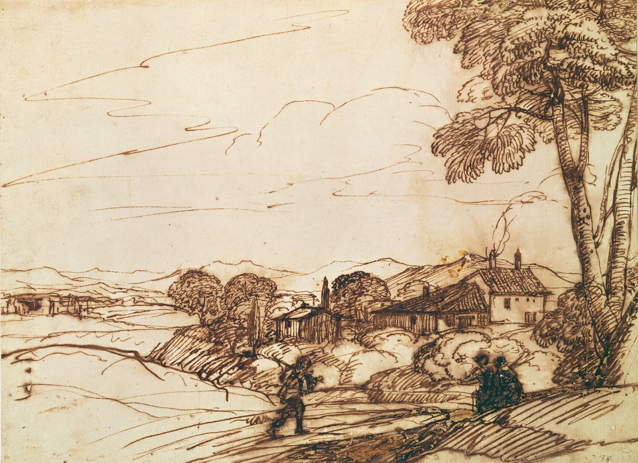 Landskap (penna och bistre och tvätt på papper) av Claude Lorrain