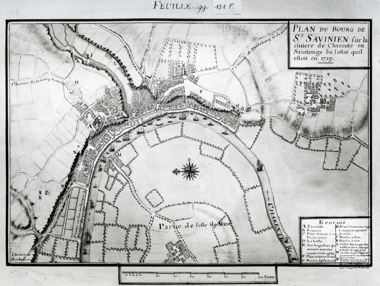 Fol.99 Karta över Saint-Savinien vid Charente-floden 1713, från "Recueil des Plans de Saintonge" (penna och bläck samt wc på papper) av Claude Masse