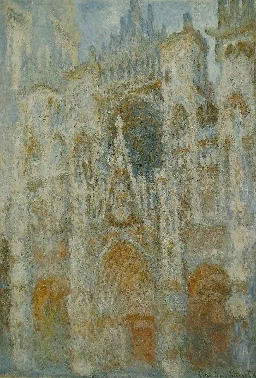  La Cathedrale de Rouen. Le portail, soleil matinal ; harmonie bleuen  av Claude Monet