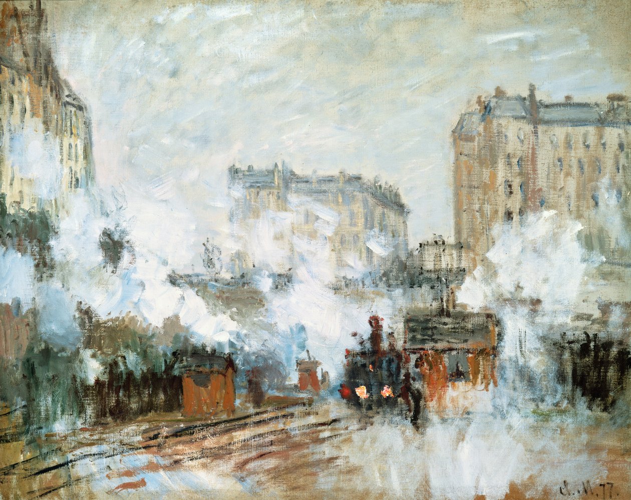 Utsidan av Gare Saint-Lazare, ankomst av ett tåg, 1877 av Claude Monet