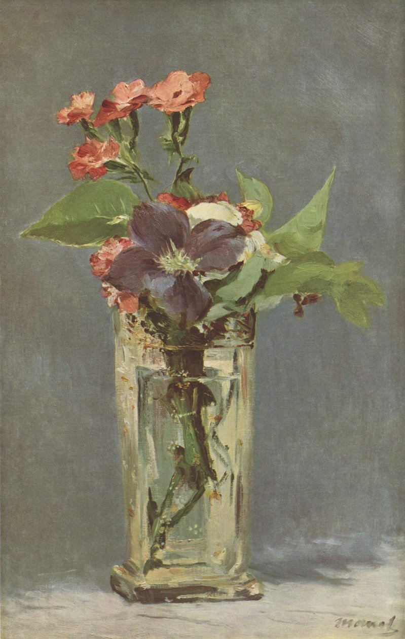 Nelken und Clematis in einer Kristallvase av Claude Monet