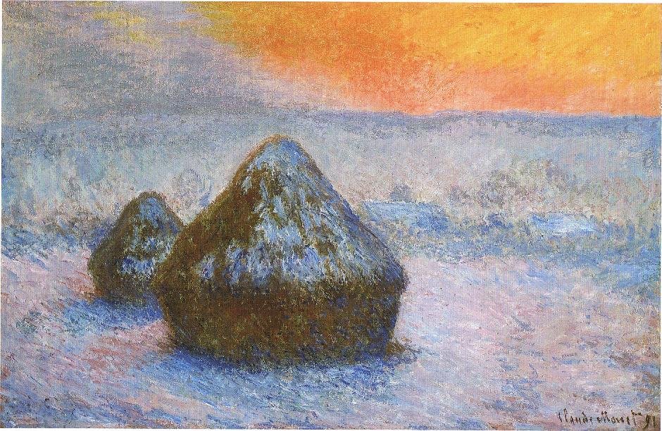 Staplar av vete solnedgång, snöeffekt av Claude Monet