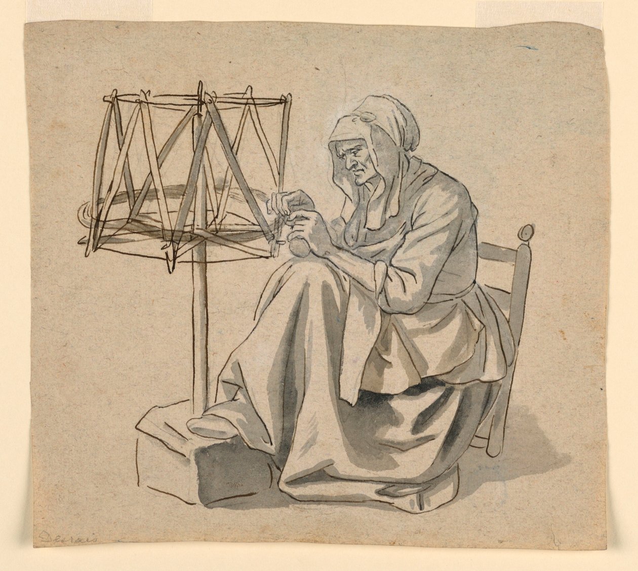 Teckning, En gammal kvinna som spinner, 1810-30 av Claude Louis Desrais