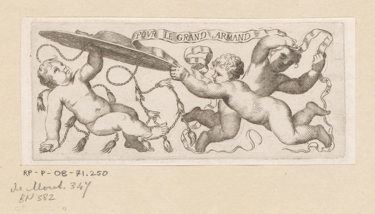 Tre putti med kardinalhatt och band av Claude Mellan