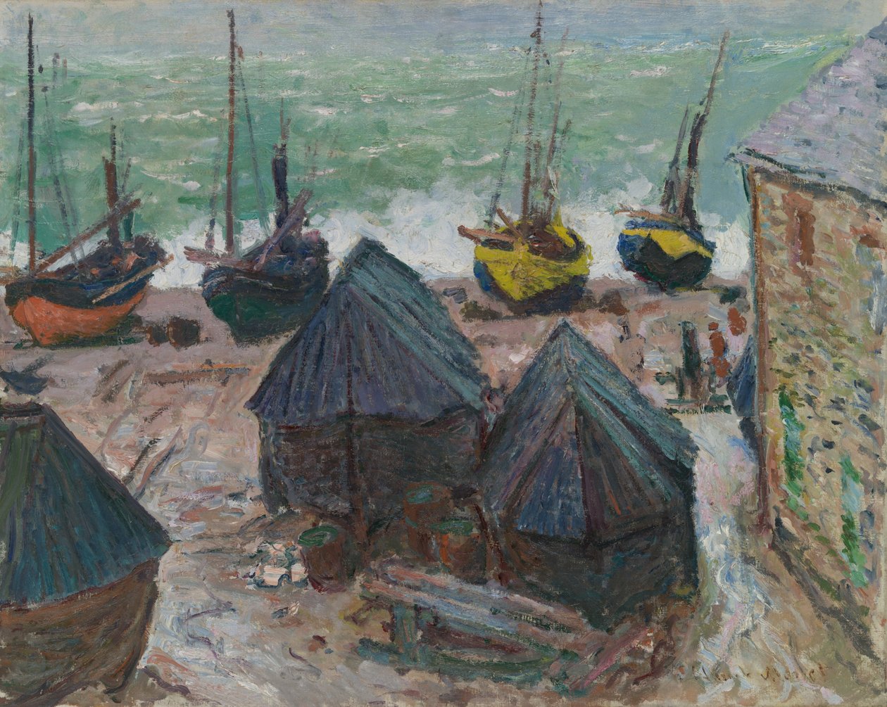 Båtar på stranden vid Étretat av Claude Monet