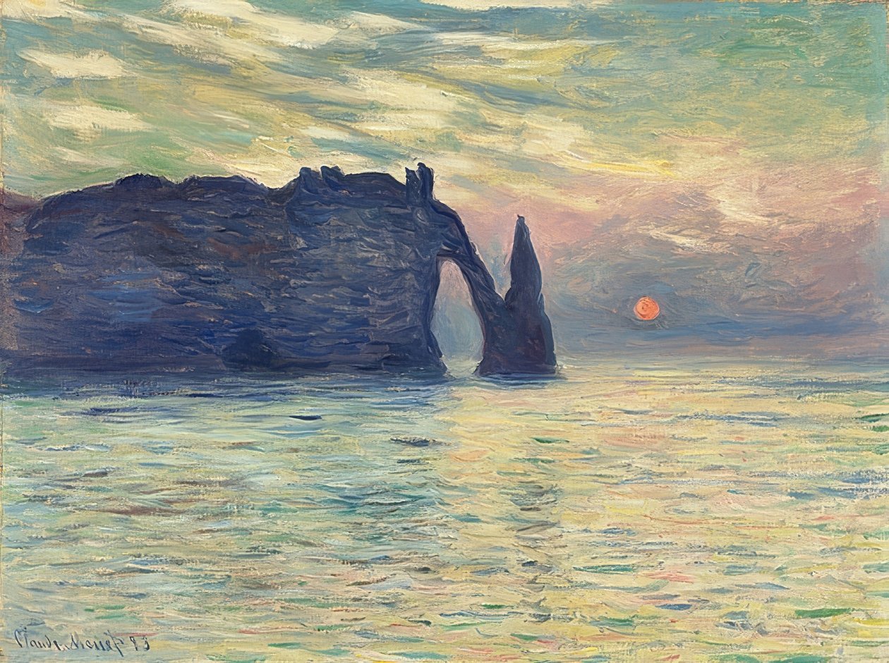 Stenar, Étretat, solnedgång. 1882-83 av Claude Monet