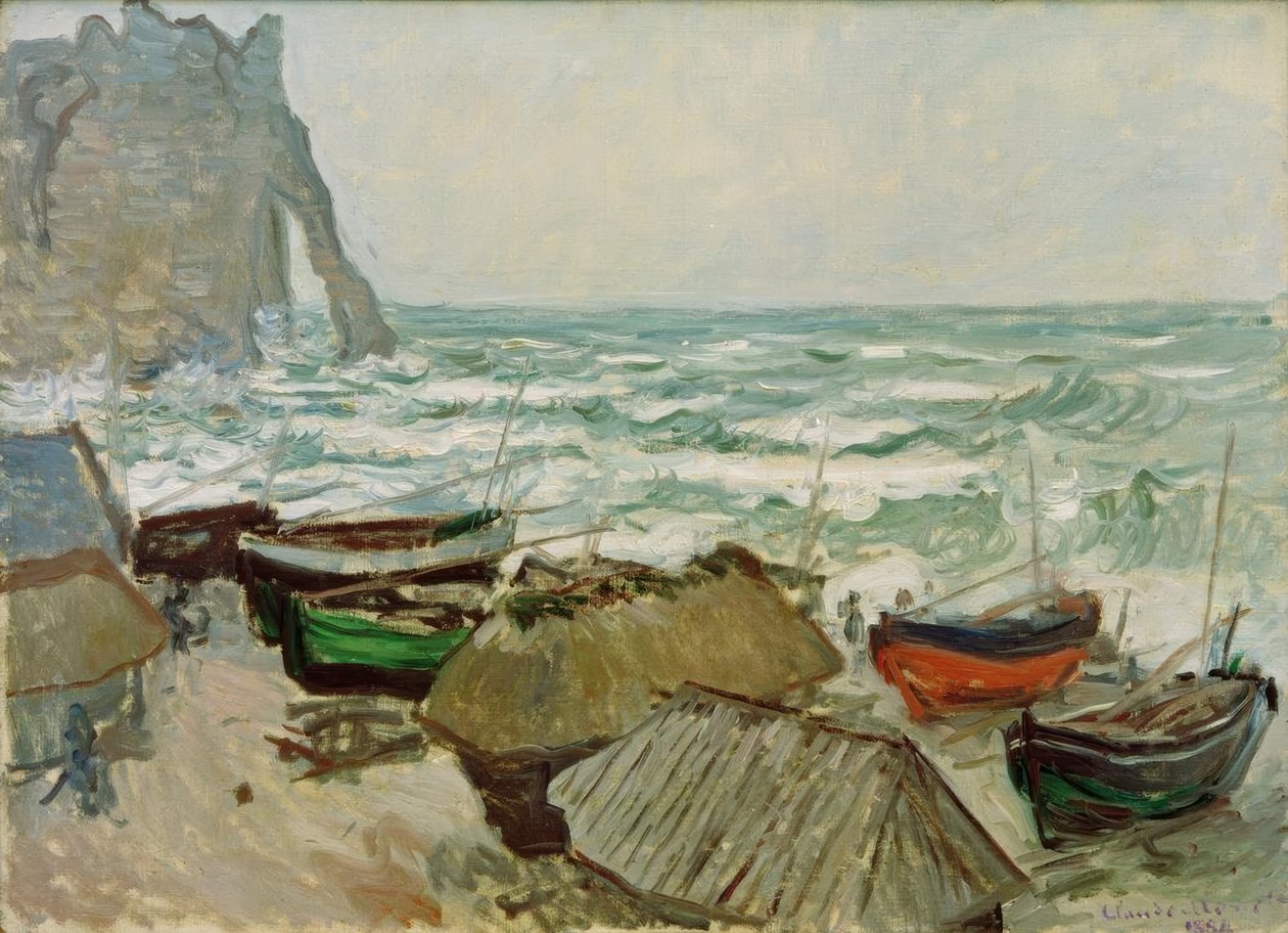 Fiskebåtar på stranden vid Etretat av Claude Monet