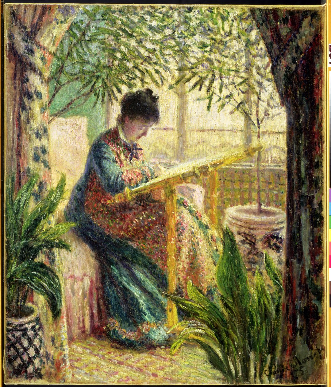 Madame Monet broderar (Camille au Metier) 1875 av Claude Monet