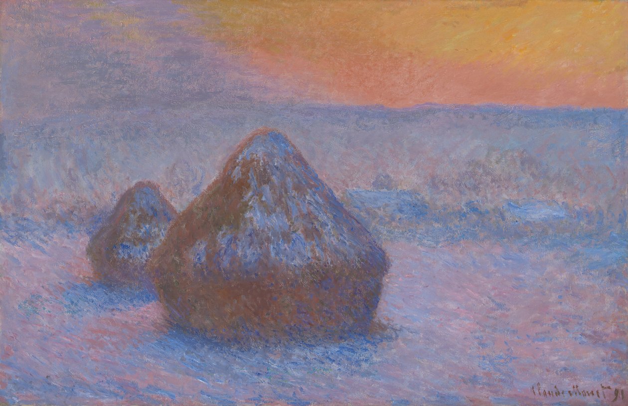 Högar av vete solnedgång, snöeffekt, 189091. av Claude Monet