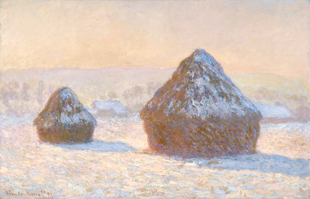 Wheatstacks, snöeffekt, morgon av Claude Monet