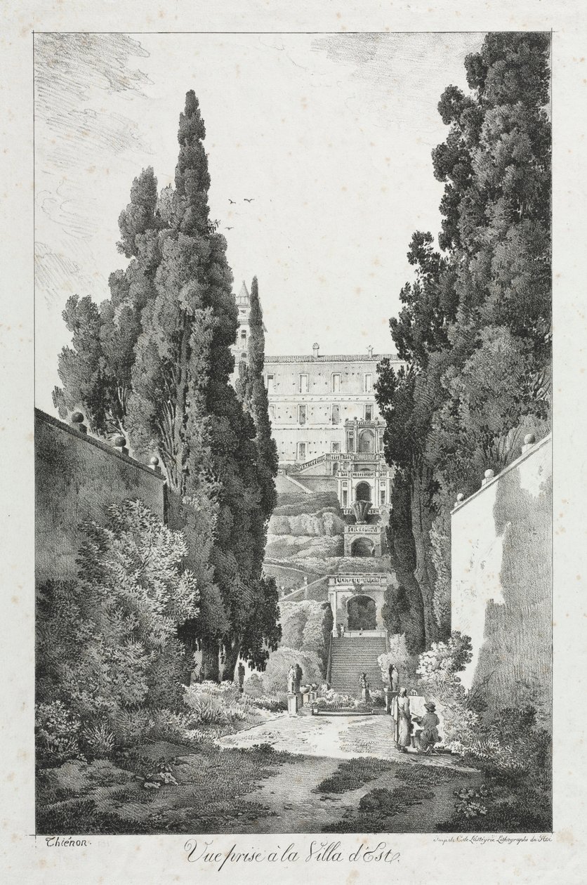 Utsikt på Villa dEste, Tivoli, 1817. av Claude Thienon