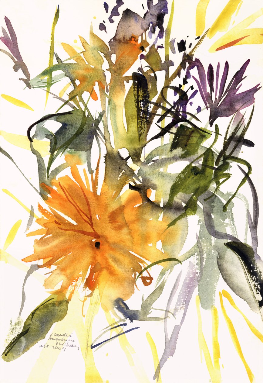 Ringblomma och andra blommor, 2004 (akvarell) av Claudia Hutchins Puechavy