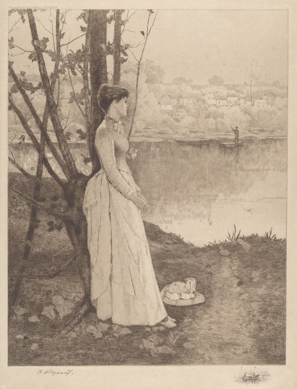 Utan titel (Lady by a Riverbank) av Clement Rollins Grant