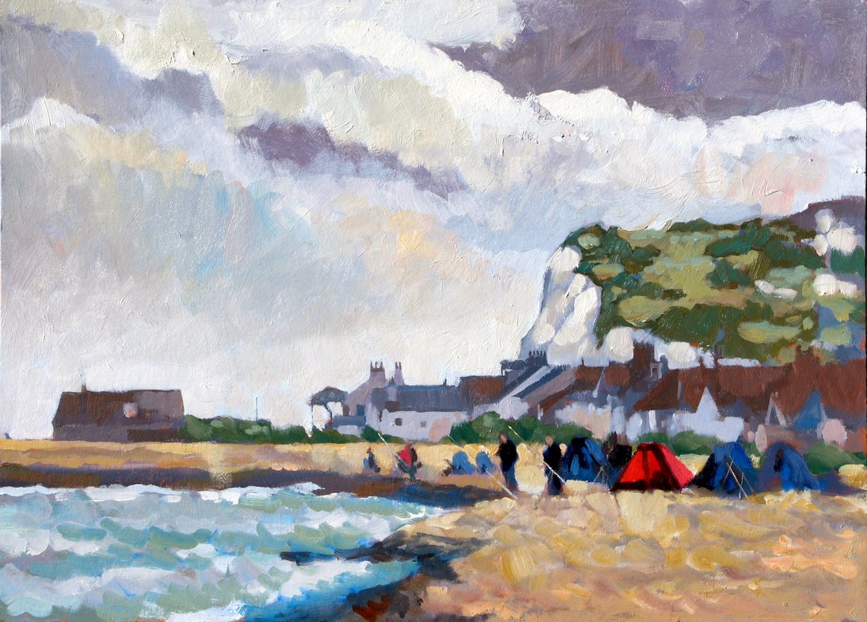 Fiskeri ved Kingsdown White Cliffs, 2010 (akryl ombord) swed av Clive Metcalfe