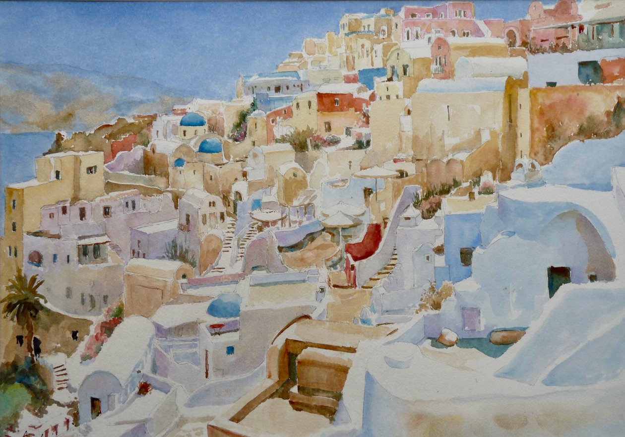 Santorini, Oia, 2019 (akvarell) av Clive Wilson