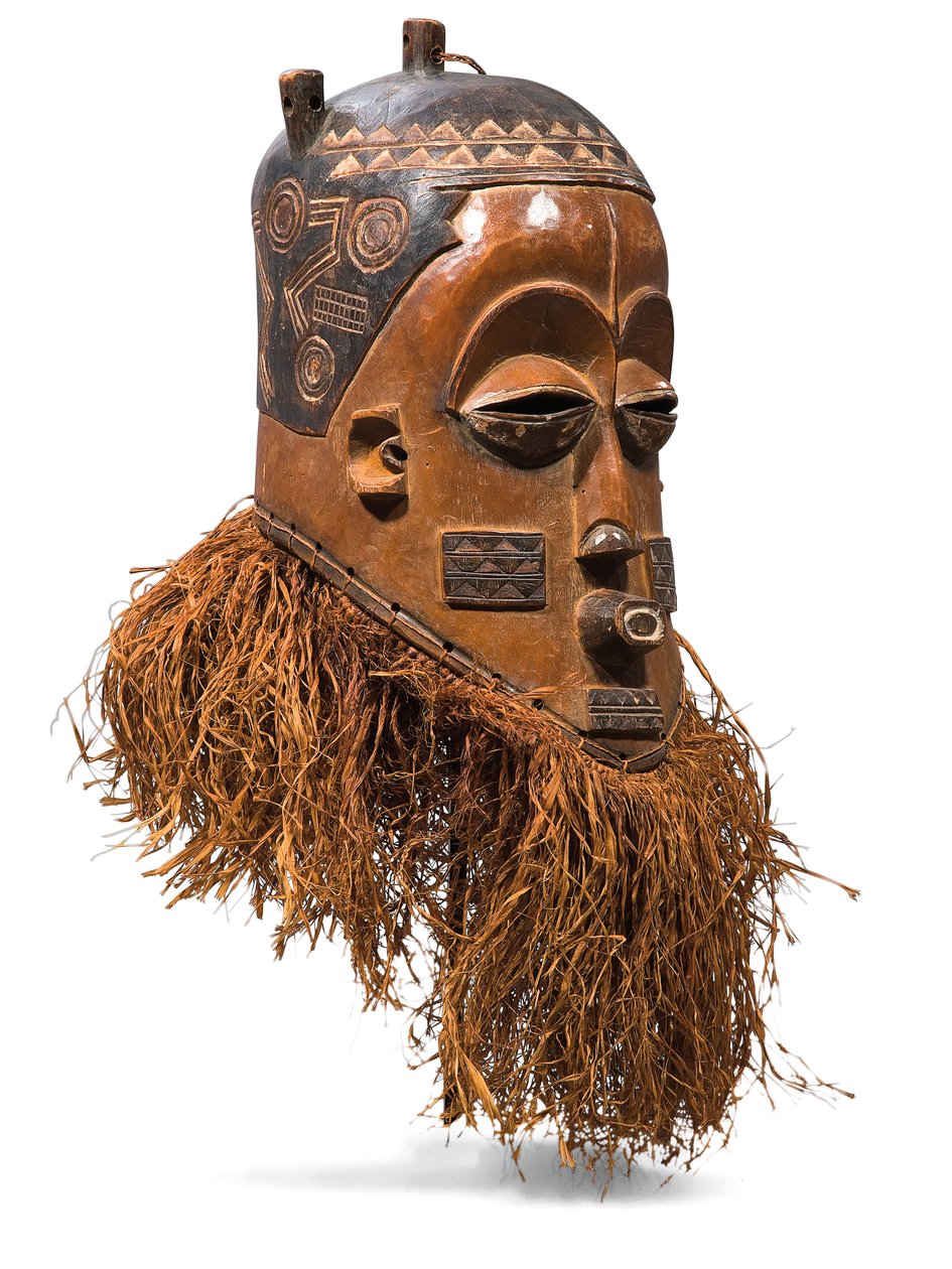 Pende hjälmmask (trä & raffia) av Congolese Congolese