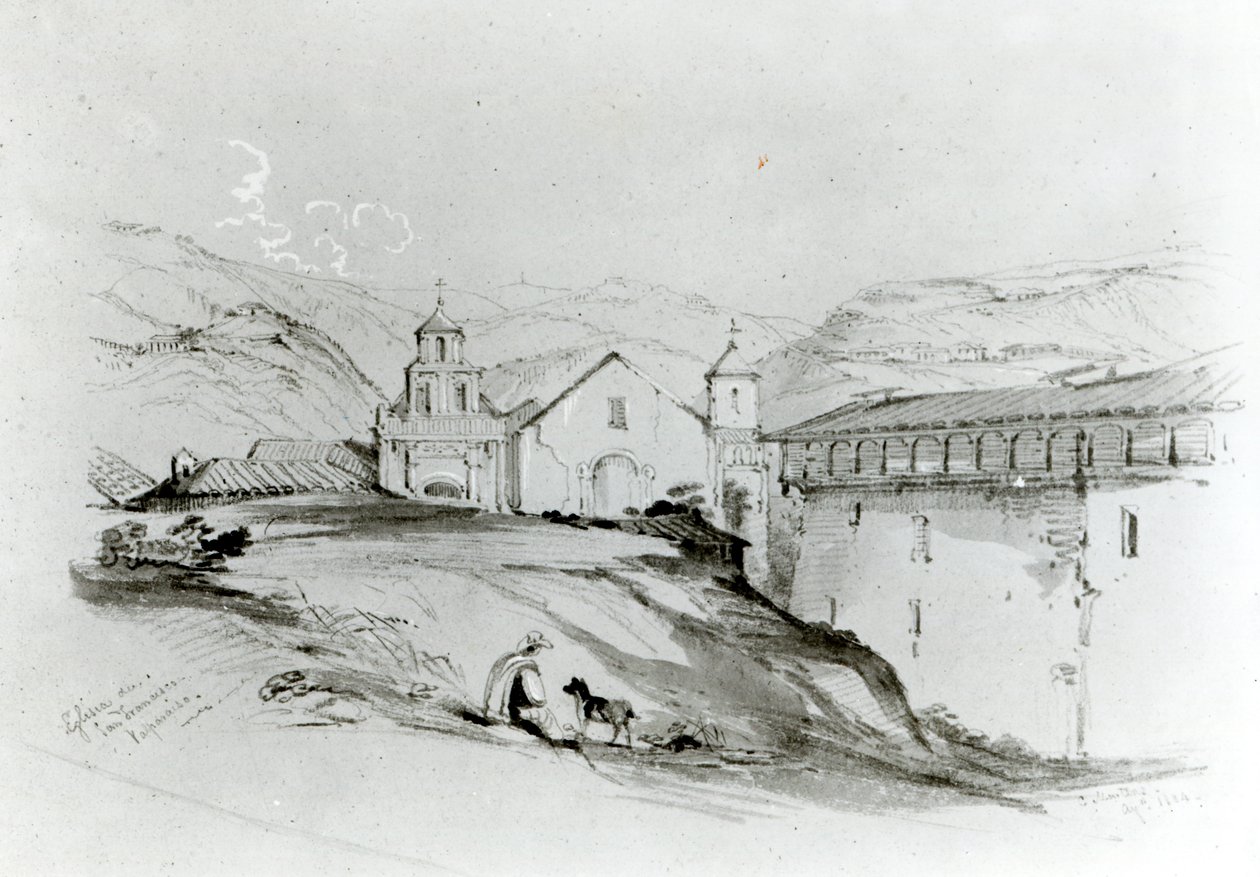 The Church of San Francisco, Valparaiso, 1834 (penna och wc på papper) av Conrad Martens