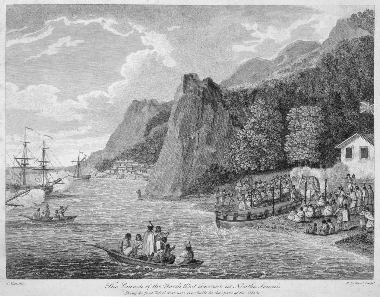 North West Americas sjösättning vid Nootka Sound, ur "Voyages Made in the Years 1788 and 1789, from China to the North West Coast of America", av kapten John Meares (1756-1809), graverad av Robe. av Conrad Martin Metz